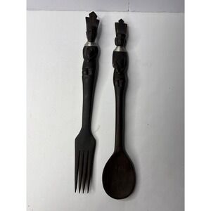 Vintage African Hand Carved Wood‎ Tribal Salad Server Set Fork Spoon Figural 15"